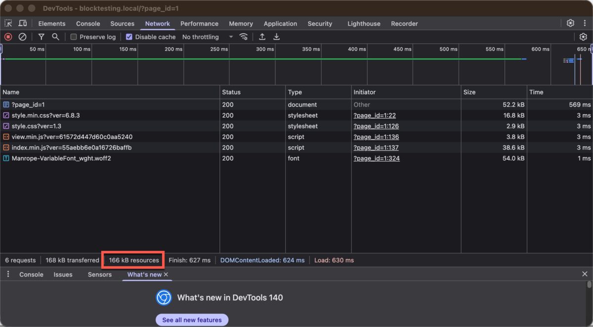 Chrome dev tools page size